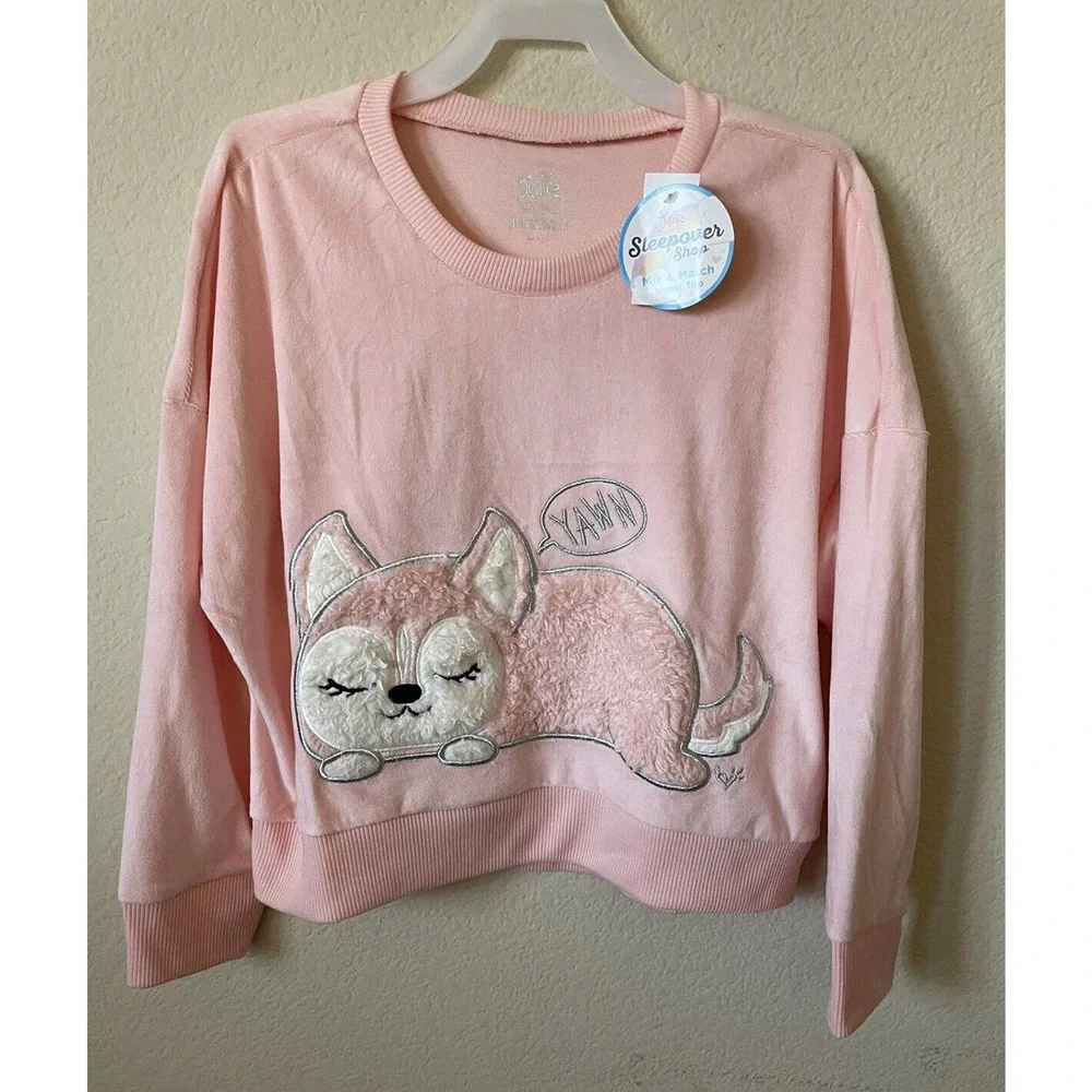 Justice Berry Burst Pink Furry Friend Yawn Drop Long Sleeve Velour Top Size 10